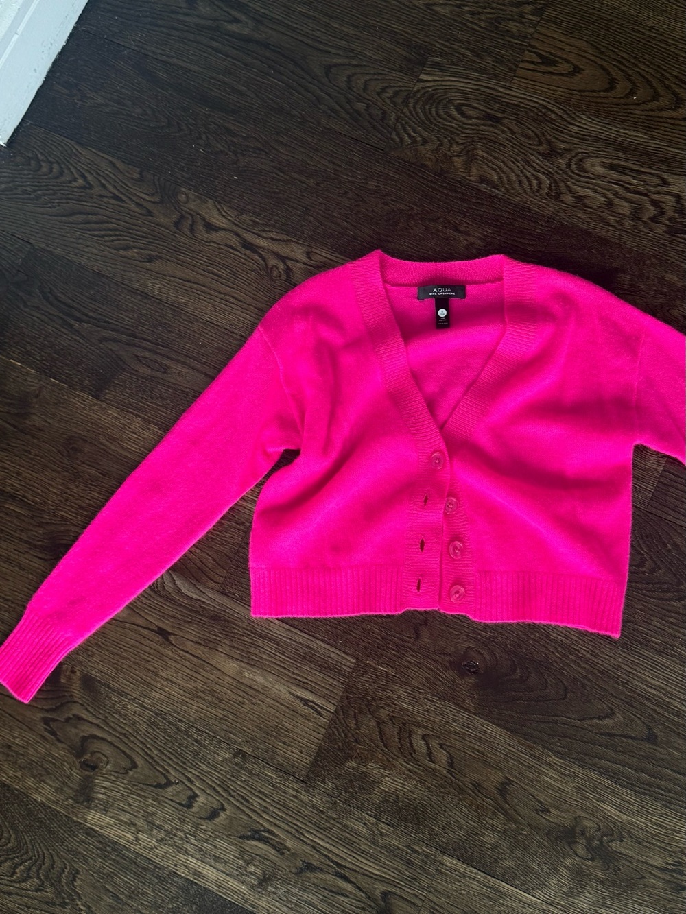 Aqua Bright Pink V-Neck Cropped Cashmere Cardigan Sweater
